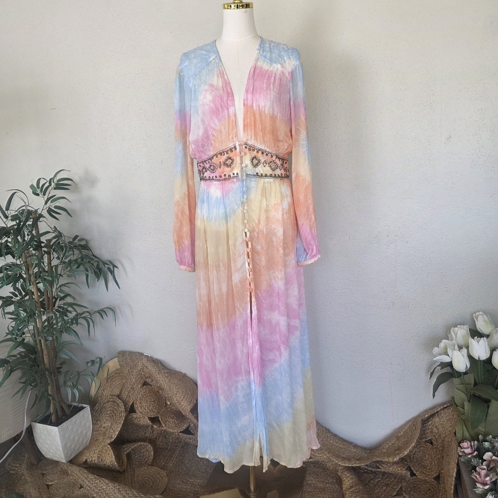 Free People Summer of Love Kimono Maxi Dress Tie Dye Boho Beaded Waist S - Picture 6 of 14